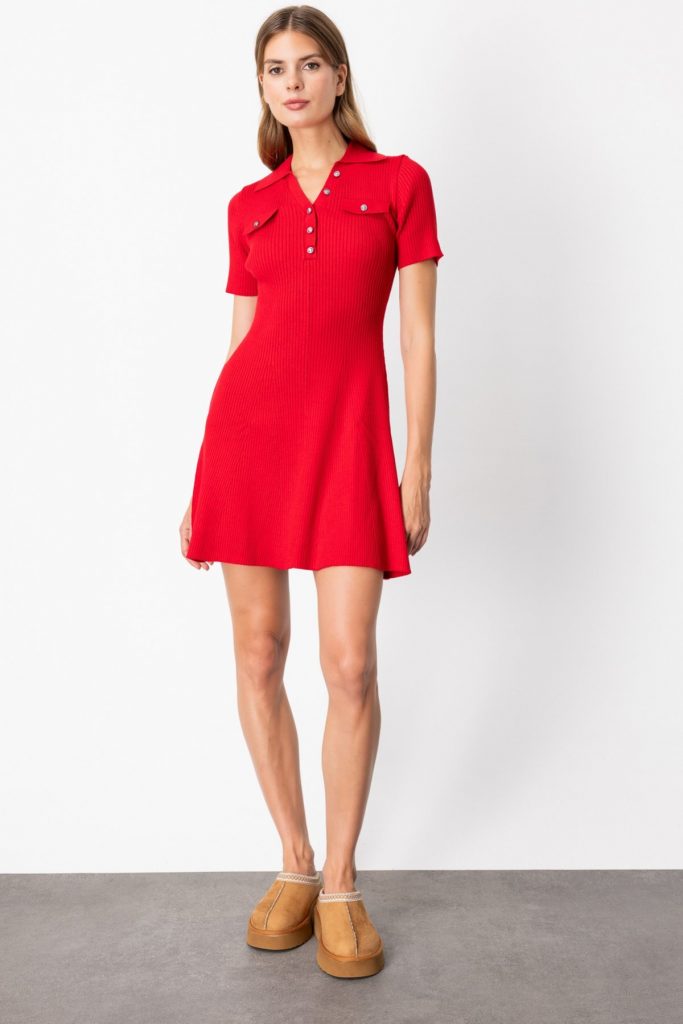 ON TRİKO  Eteği Volanlı Mini Triko Elbise 65401 - KIRMIZI