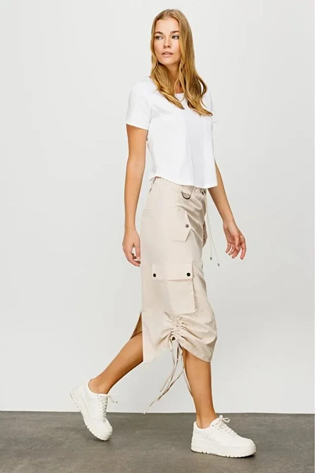 ON TRİKO Cepli Midi Etek 16204 - KUM