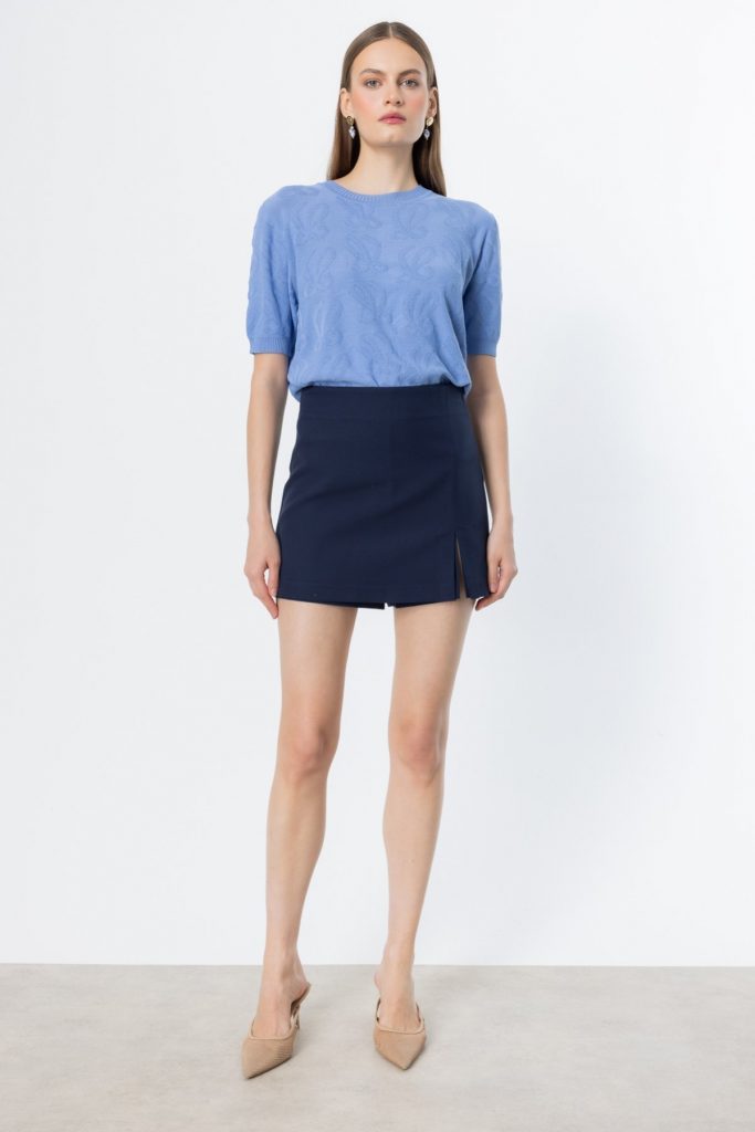 ON TRİKO Yırtmaç Detaylı Şort Etek 54217 - Lacivert