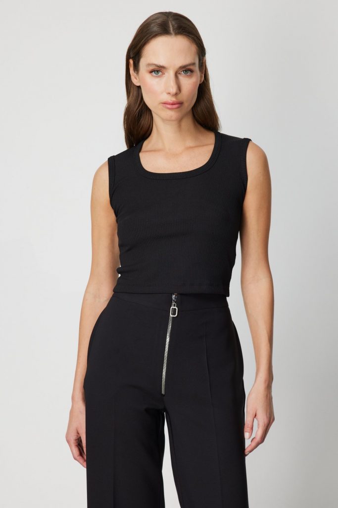 ON TRİKO Fitilli Kolsuz Crop Bluz 61396 - Siyah