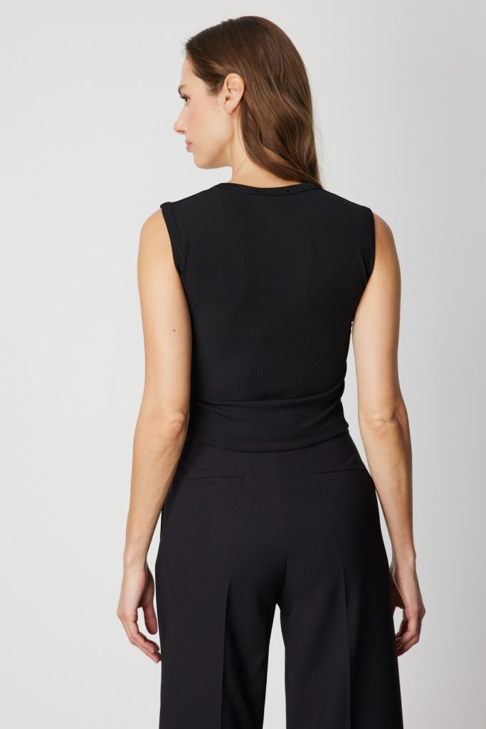 ON TRİKO Fitilli Kolsuz Crop Bluz 61396 - Siyah