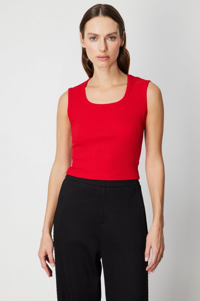 ON TRİKO Fitilli Kolsuz Crop Bluz 61396 - KIRMIZI