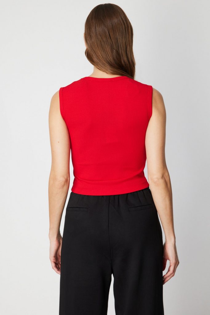 ON TRİKO Fitilli Kolsuz Crop Bluz 61396 - KIRMIZI