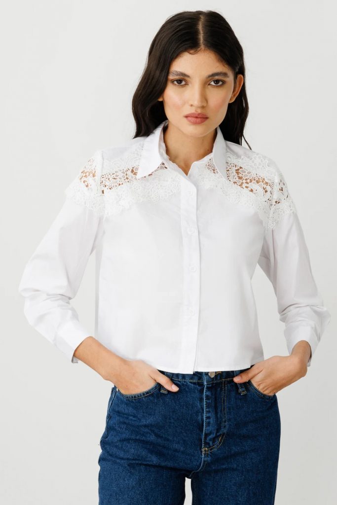 ON TRİKO Omuzları Dantelli Crop Gömlek 50343 - Beyaz