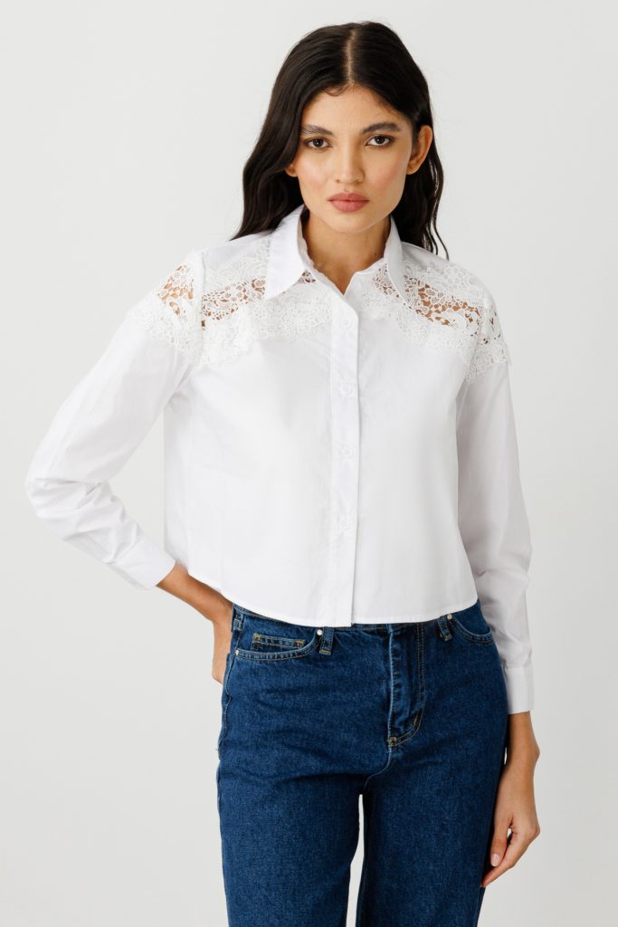 ON TRİKO Omuzları Dantelli Crop Gömlek 50343