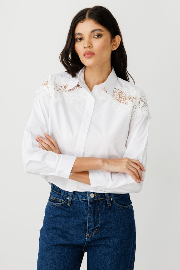 ON TRİKO Omuzları Dantelli Crop Gömlek 50343 - Beyaz