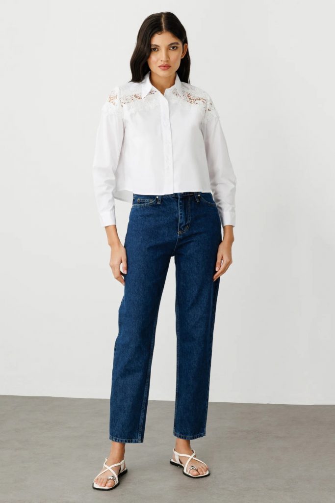 ON TRİKO Omuzları Dantelli Crop Gömlek 50343 - Beyaz