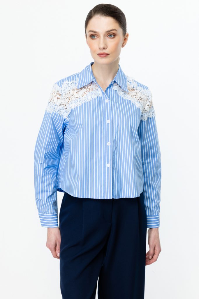 ON TRİKO Omuzları Dantelli Crop Gömlek 50343 - MAVİ