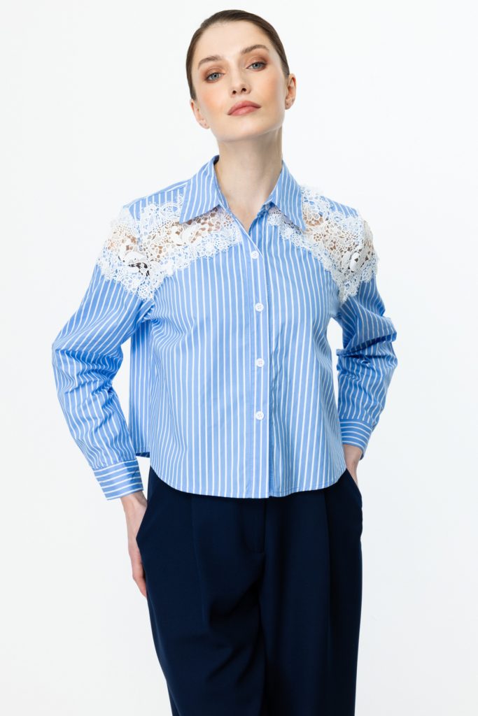 ON TRİKO Omuzları Dantelli Crop Gömlek 50343 - MAVİ