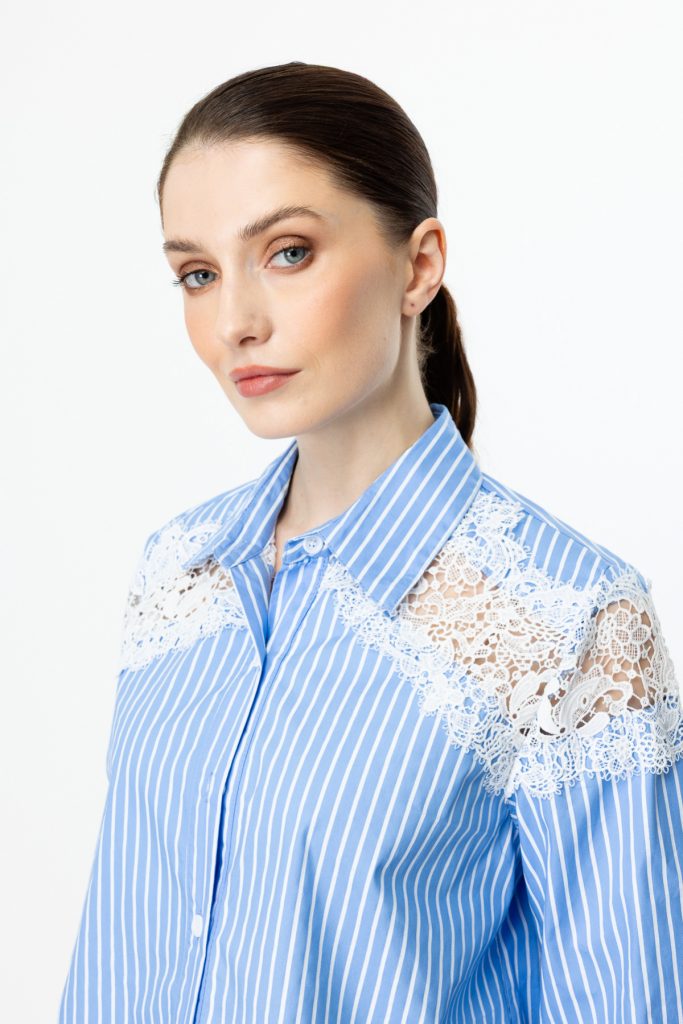 ON TRİKO Omuzları Dantelli Crop Gömlek 50343 - MAVİ