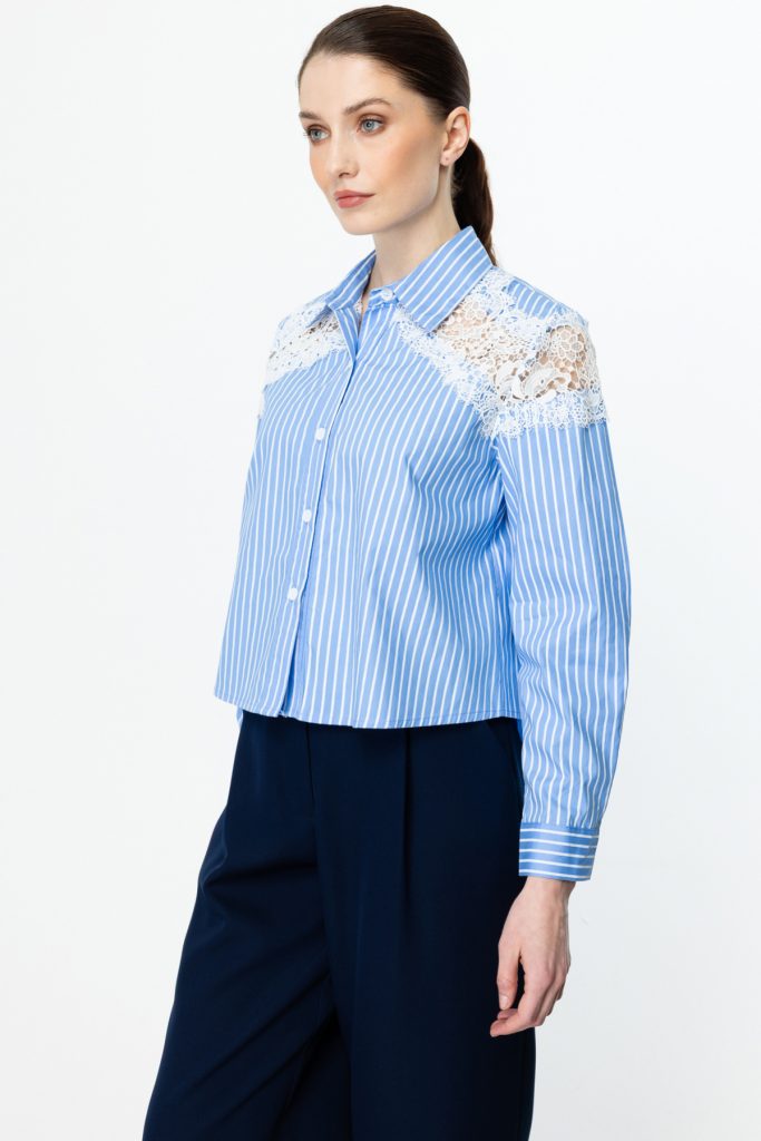 ON TRİKO Omuzları Dantelli Crop Gömlek 50343 - MAVİ