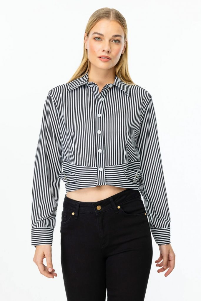 ON TRİKO Yanları Kemer Tokalı Çizgili Crop Gömlek  56330 - Siyah