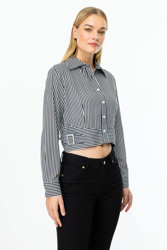 ON TRİKO Yanları Kemer Tokalı Çizgili Crop Gömlek  56330