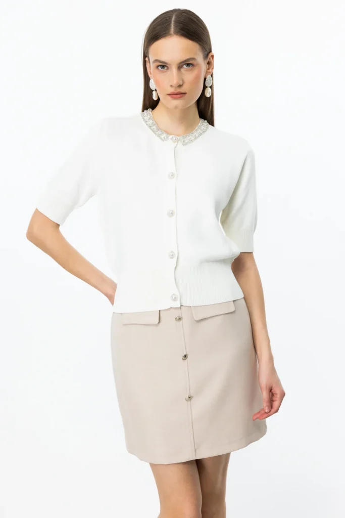 ON TRİKO On Yakası Taşlı Kısa Kollu Hırka 53905