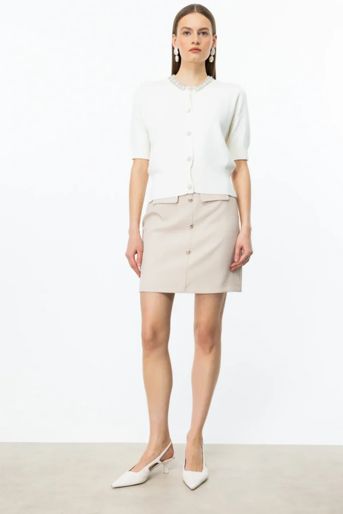 ON TRİKO On Yakası Taşlı Kısa Kollu Hırka 53905 - EKRU