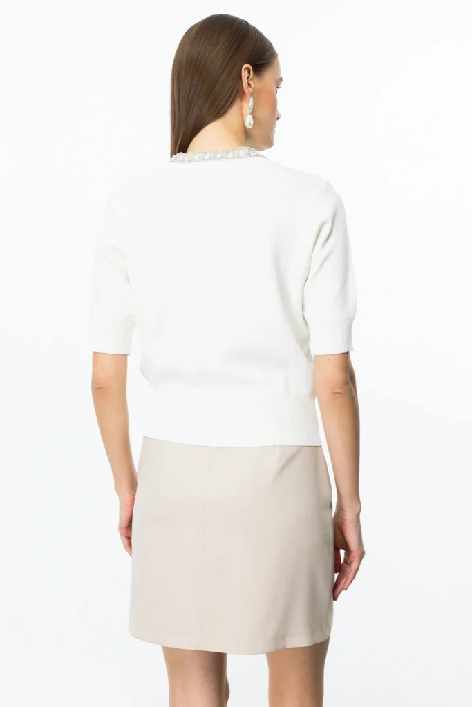 ON TRİKO On Yakası Taşlı Kısa Kollu Hırka 53905 - EKRU