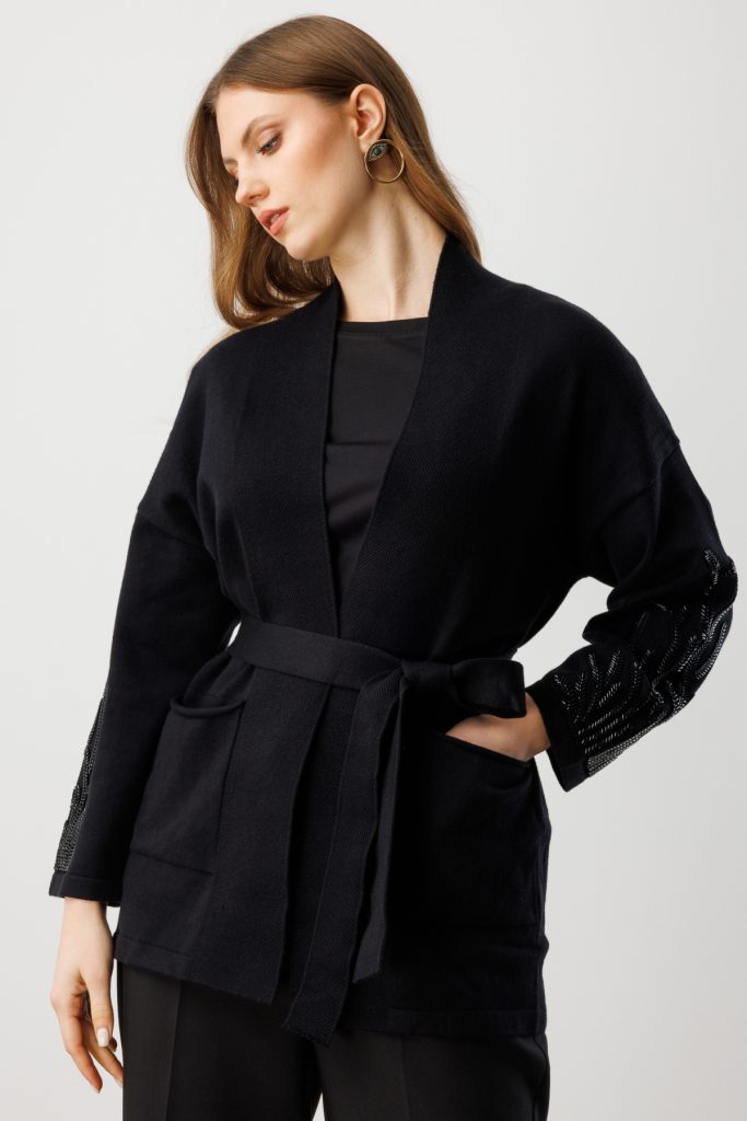 ON TRİKO Kolları Taşlı Kuşaklı Triko Hırka 60902 - Siyah