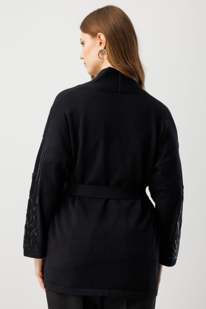 ON TRİKO Kolları Taşlı Kuşaklı Triko Hırka 60902 - Siyah