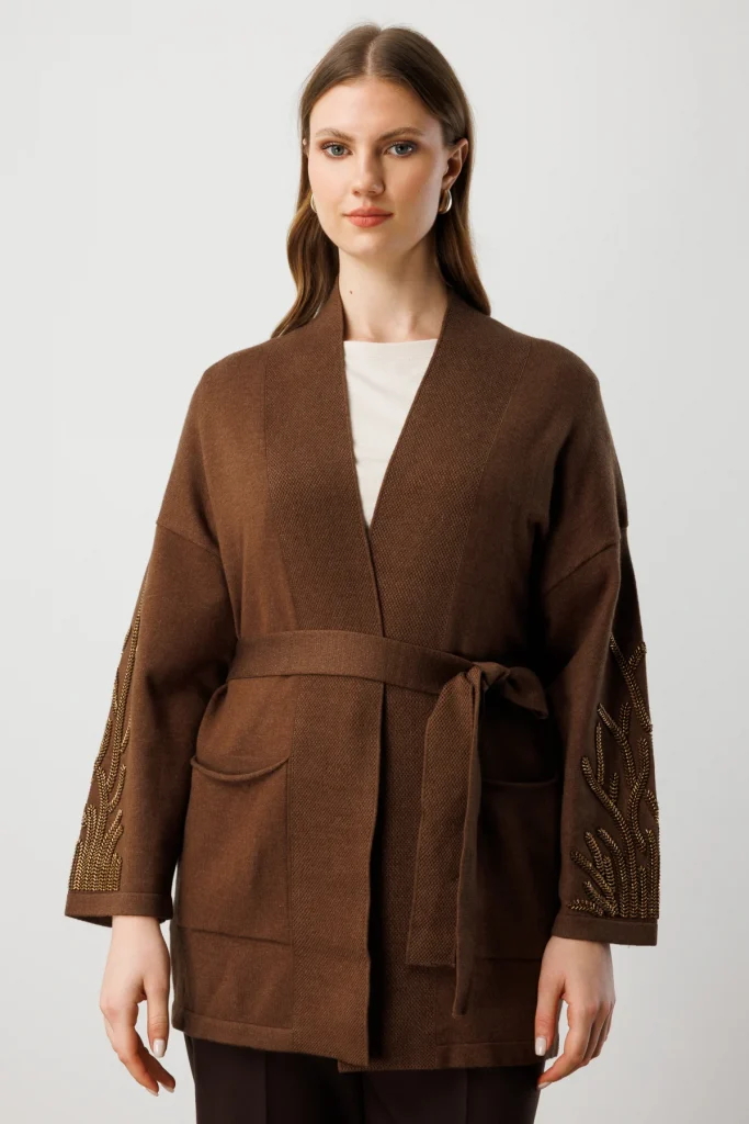 ON TRİKO Kolları Taşlı Kuşaklı Triko Hırka 60902 - kahve