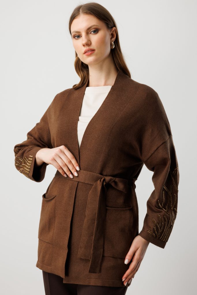 ON TRİKO Kolları Taşlı Kuşaklı Triko Hırka 60902 - kahve