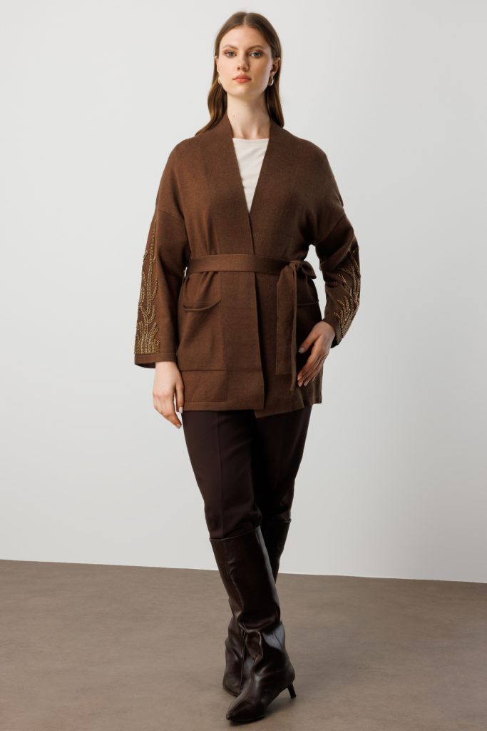 ON TRİKO Kolları Taşlı Kuşaklı Triko Hırka 60902 - kahve