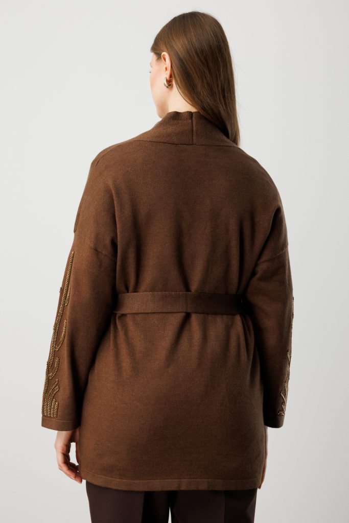 ON TRİKO Kolları Taşlı Kuşaklı Triko Hırka 60902 - kahve