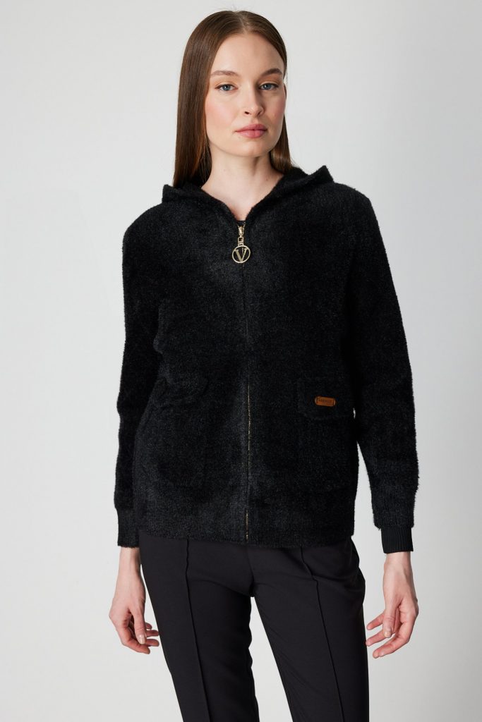 ON TRİKO Kapak Cepli Peluş Hırka 60936 - Siyah