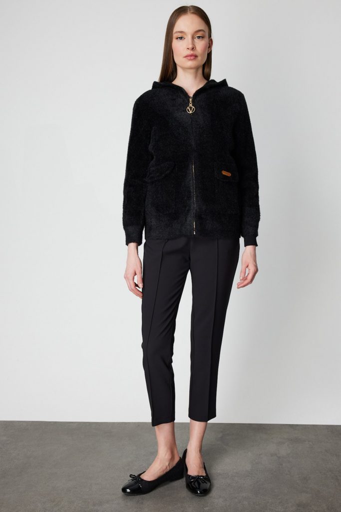 ON TRİKO Kapak Cepli Peluş Hırka 60936 - Siyah