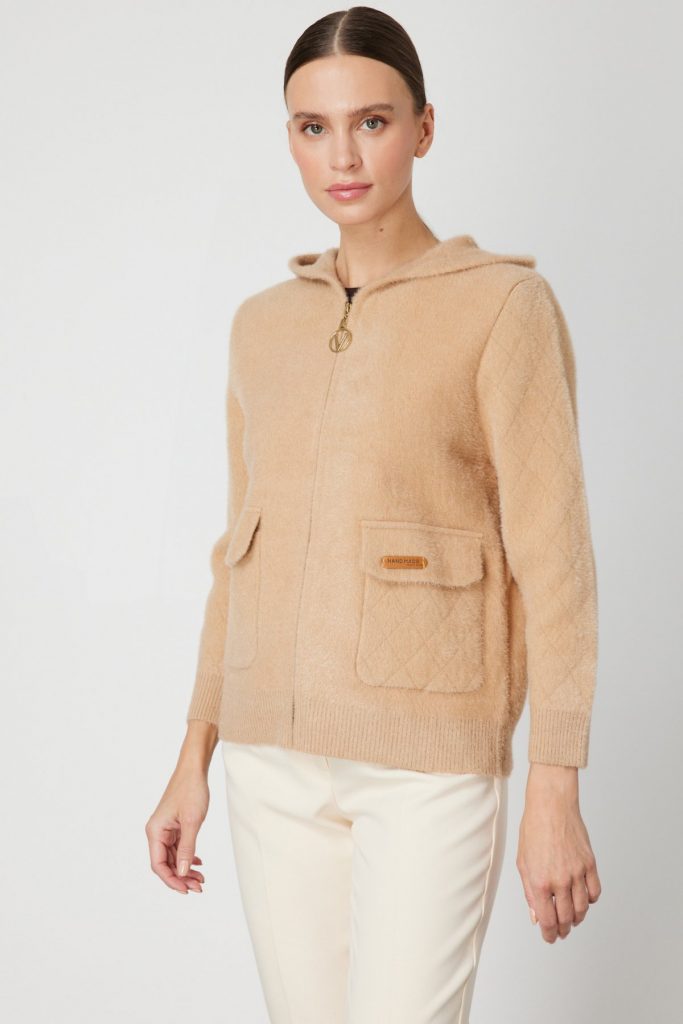 ON TRİKO Kapak Cepli Peluş Hırka 60936 - BEJ