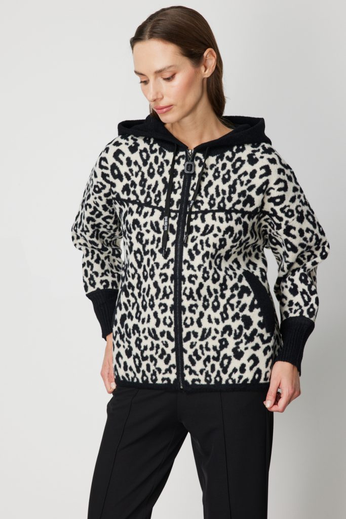 ON TRİKO Leopar Desenli Kapüşonlu Hırka 60943 - Siyah