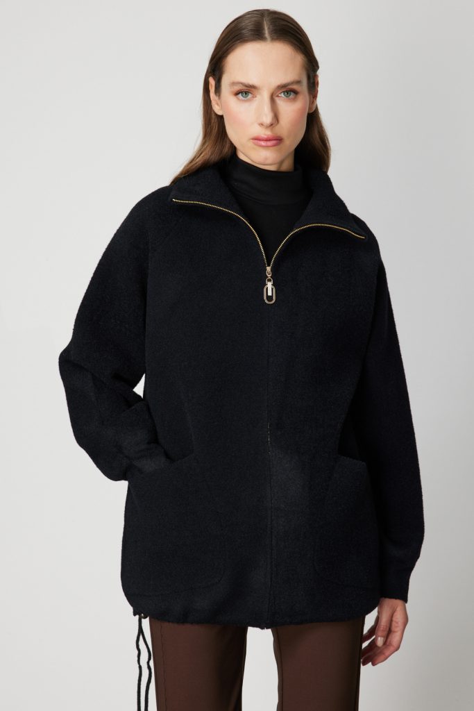 ON TRİKO Arkası Desenli Taşlı Dik Yaka Hırka 60945 - Siyah