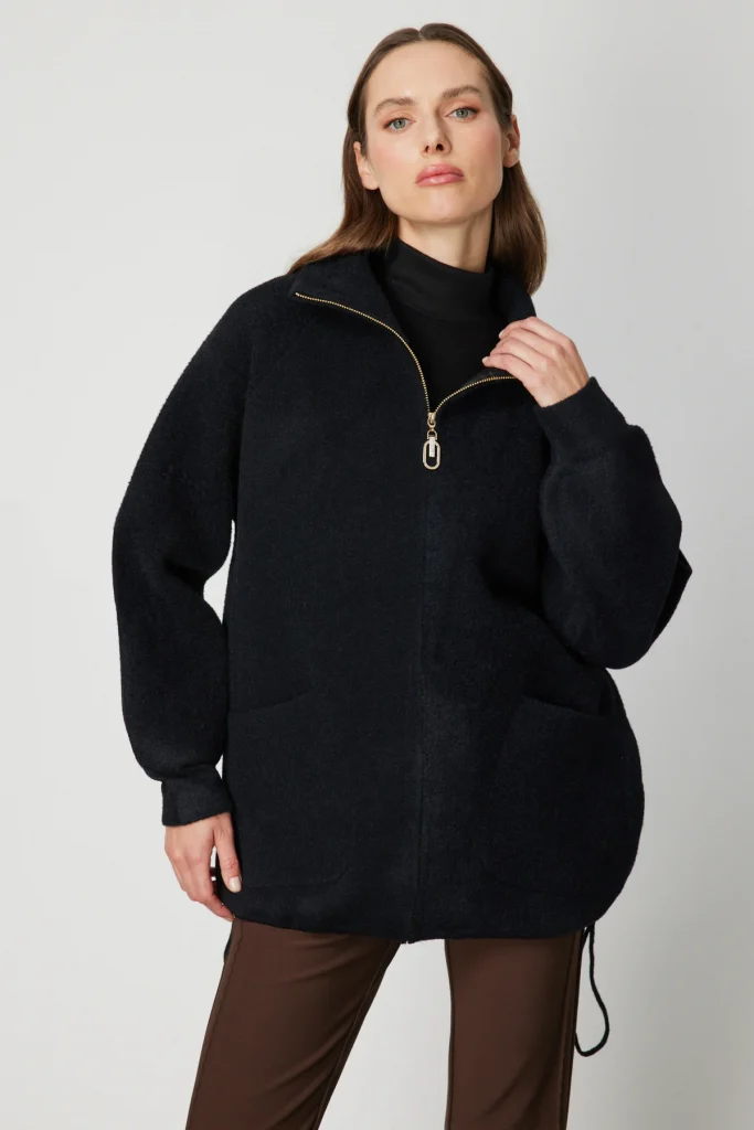 ON TRİKO Arkası Desenli Taşlı Dik Yaka Hırka 60945 - Siyah