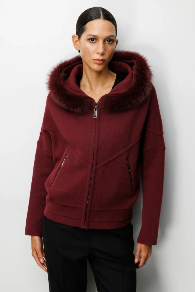 ON TRİKO  Yakası Kürklü Fermuar Cepli Hırka 63908 - bordo