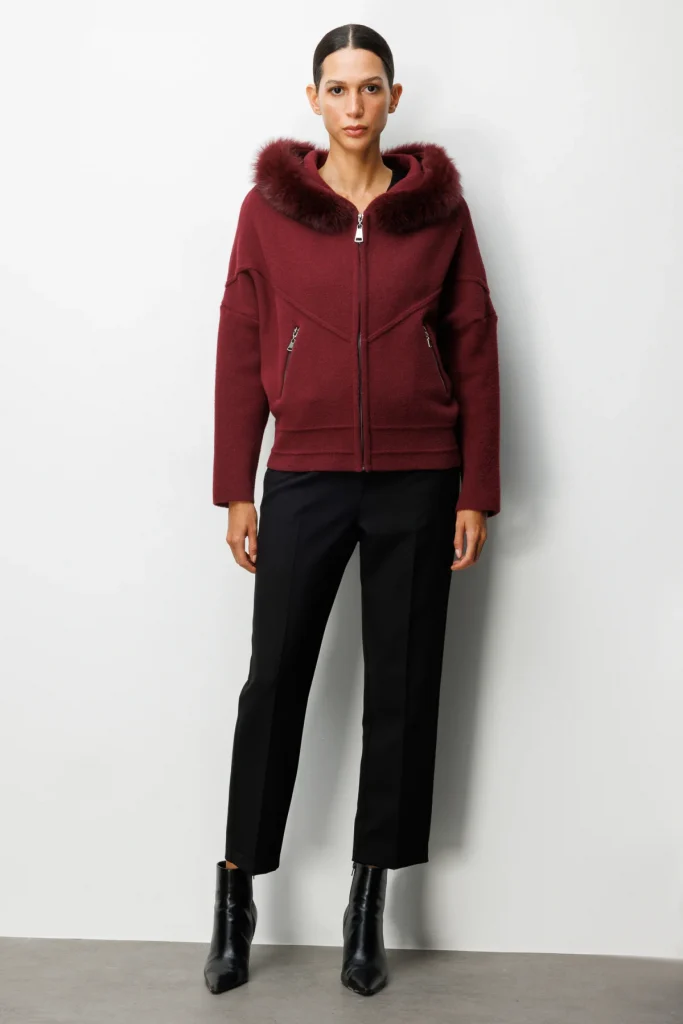 ON TRİKO  Yakası Kürklü Fermuar Cepli Hırka 63908 - bordo