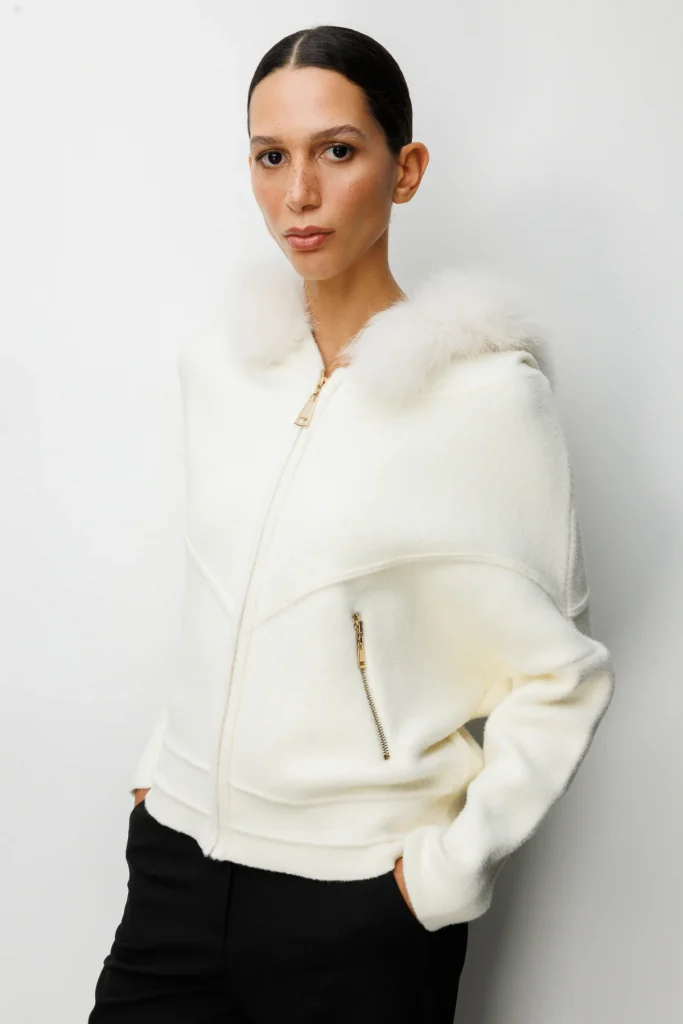 ON TRİKO  Yakası Kürklü Fermuar Cepli Hırka 63908 - EKRU