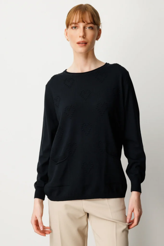 ON TRİKO Kabartma Desenli Cepli Triko Kazak 65344 - Siyah