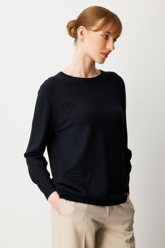 ON TRİKO Kabartma Desenli Cepli Triko Kazak 65344 - Siyah