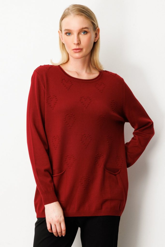 ON TRİKO Kabartma Desenli Cepli Triko Kazak 65344 - bordo