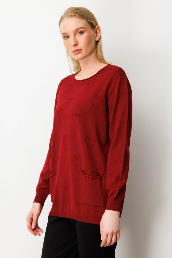 ON TRİKO Kabartma Desenli Cepli Triko Kazak 65344 - bordo