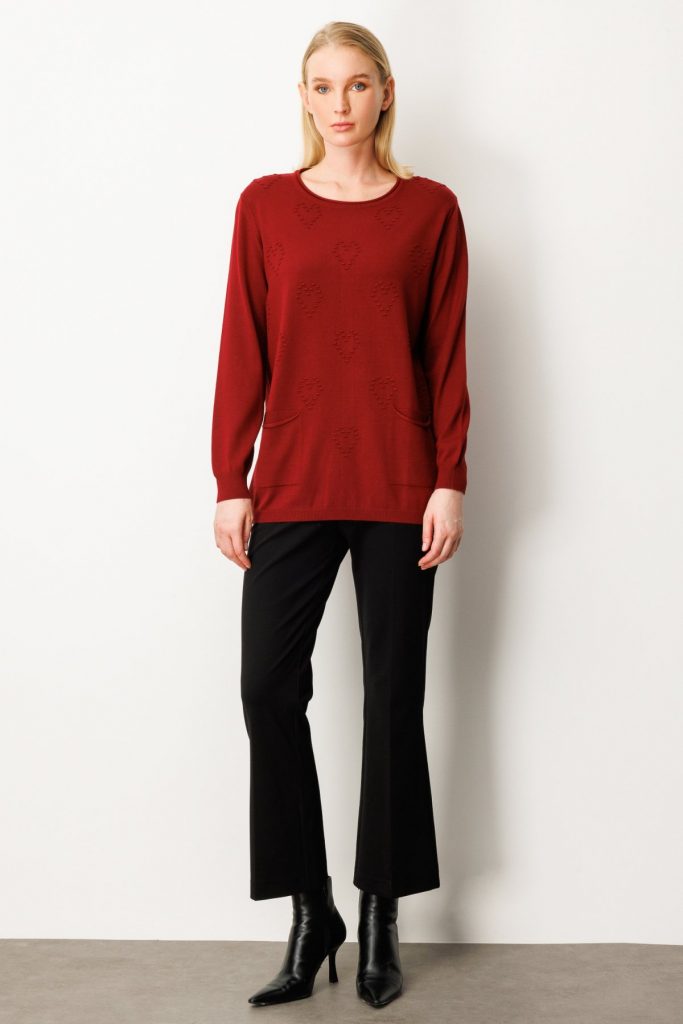 ON TRİKO Kabartma Desenli Cepli Triko Kazak 65344 - bordo