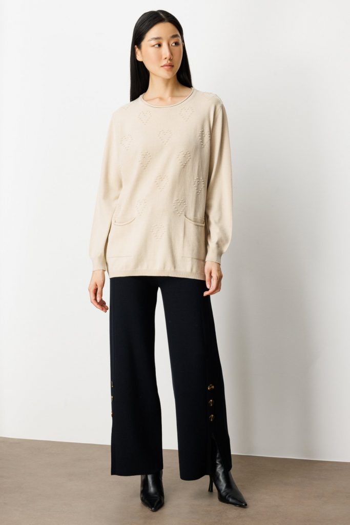 ON TRİKO Kabartma Desenli Cepli Triko Kazak 65344 - BEJ