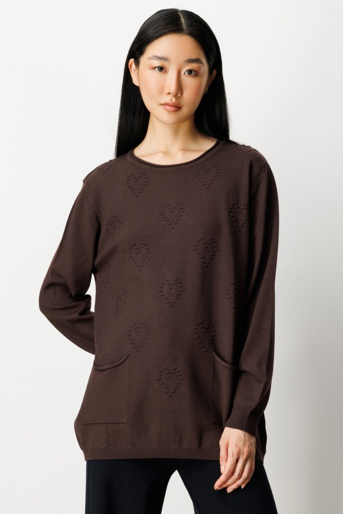 ON TRİKO Kabartma Desenli Cepli Triko Kazak 65344 - kahve