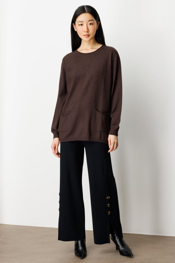 ON TRİKO Kabartma Desenli Cepli Triko Kazak 65344 - kahve