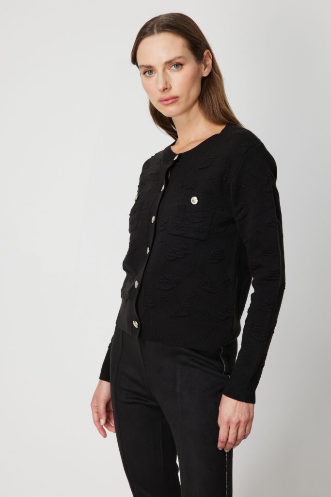 ON TRİKO Kabartmalı Sıfır Yaka Hırka 6693 - Siyah