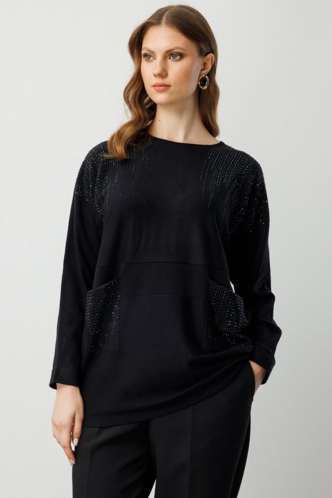 ON TRİKO Taş İşlemeli Torba Cepli Kazak 60304 - Siyah