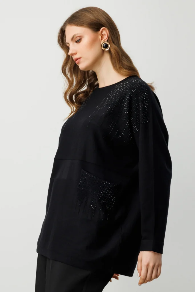 ON TRİKO Taş İşlemeli Torba Cepli Kazak 60304 - Siyah