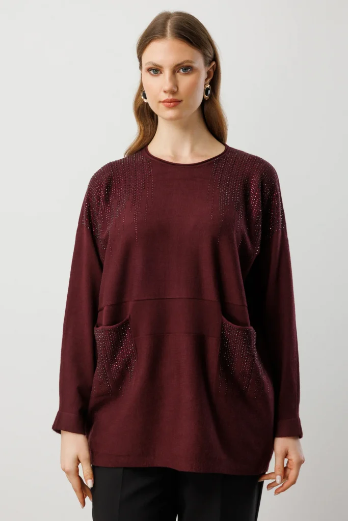 ON TRİKO Taş İşlemeli Torba Cepli Kazak 60304 - bordo