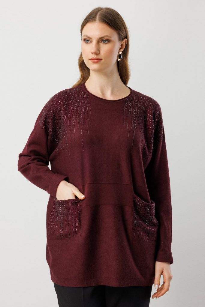 ON TRİKO Taş İşlemeli Torba Cepli Kazak 60304 - bordo