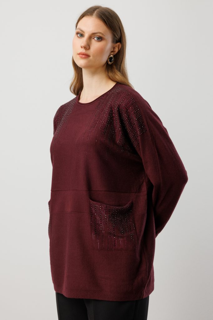 ON TRİKO Taş İşlemeli Torba Cepli Kazak 60304 - bordo