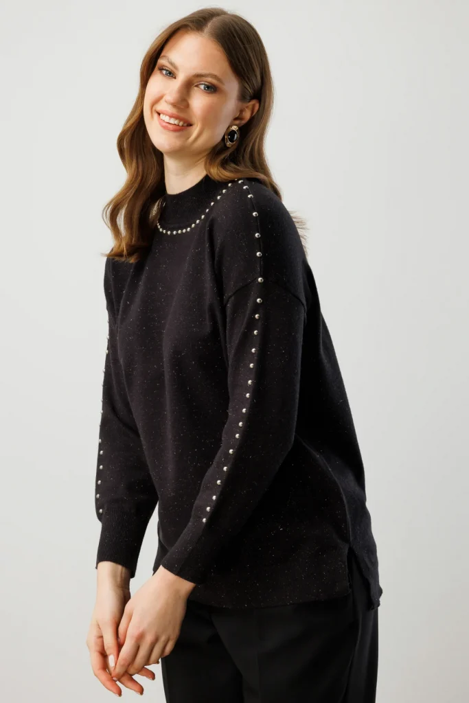 ON TRİKO Kumaşı Simli Zımba Detaylı Triko Kazak 60307 - Siyah